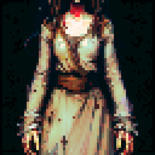 Generate a detailed pixel art character of Mabel Wakefield, a 19-year-old woman with a profound backstory of resilience and transformation. Mabel has emerged from a year-long imprisonment in the Alderwood Dungeon, visually transformed by her ordeal. Her appearance should reflect a juxtaposition of despair and determination: long, unkempt brown hair, a once-simple dress now tattered and stained, evolving into attire that symbolizes her growth into a resilient warrior.