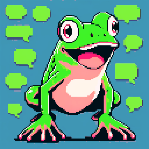 pixel art, sRGB, vibrant green frog, wide open mouth, animated speech bubbles, croaking loudly, expressive eyes, 
