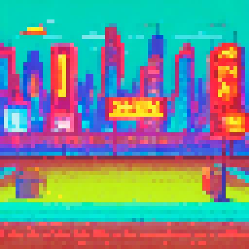 Flashing neon signs, pulsating dance floor, DJ booth, disco ball, crowded bar, glowing cocktails, smoke-filled air, towering skyscrapers in the background, all depicted in sRGB pixel art style