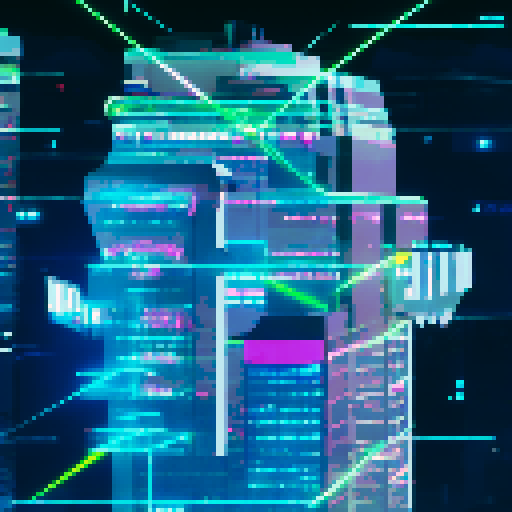 A futuristic cityscape, with towering skyscrapers and neon lights, as a young woman with a sleek, black bionic arm walks past a CCTV camera, triggering a facial recognition system that projects a holographic display of her personal information