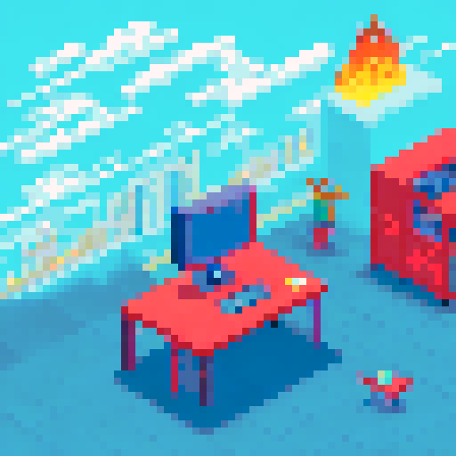 Normal looking character typing on a retro computer at their cubicle, while a fiery phoenix soars above a dragon and a mermaid engaged in a heated conversation in different corners of the office; in the backdrop, an isometric elevator stands tall against the pixelated cityscape