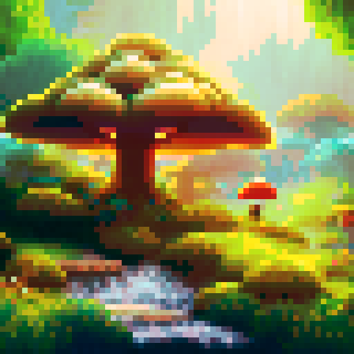 "Majestic trees tower above a babbling brook as a curious fox peeks out from behind a mushroom in this pixelated forest scene."
