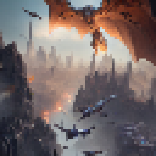 Flying through the city, a squad of heroic warriors battles towering, monstrous titans with swords and magic in a sprawling, epic fantasy RPG world.