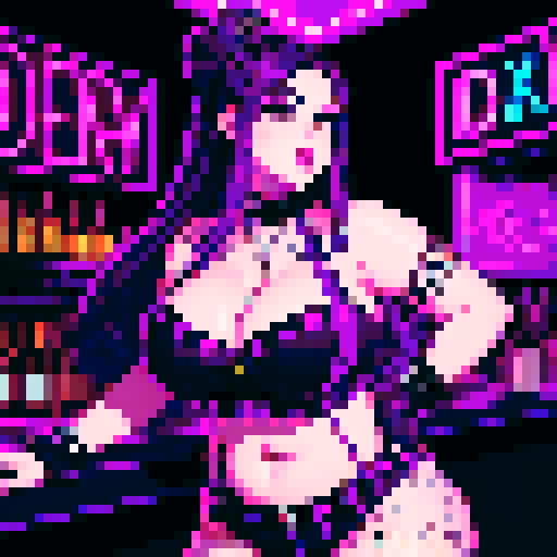 Portrait of Thicc, curvy, busty goth babe with studded collar, long purple hair in buns, fishnet stockings, studded halter top, bartending at nightclub, neon signage. pixel art, sRGB.