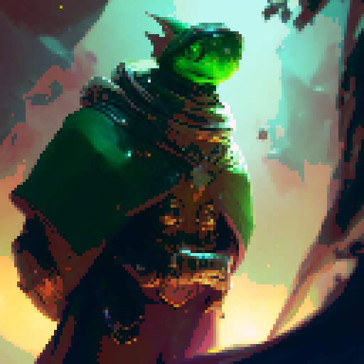 Christmas elf, green, grim, flying with jetpack, wielding a magical staff, surrounded by swirling emerald flames, in a fantastical RPG world