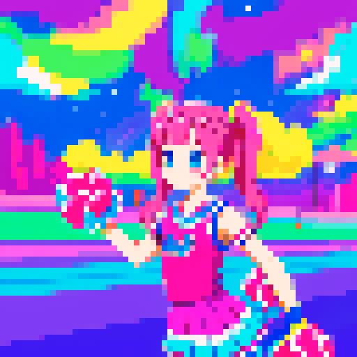 kawaii cheerleaders, pigtail hair, galaxy in the sky, meat background, neon colors
