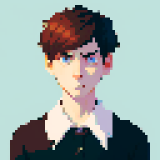 portrait, sprite art, young man, sad, narrow eyes, muted colors, depressed, neutral, eccentric