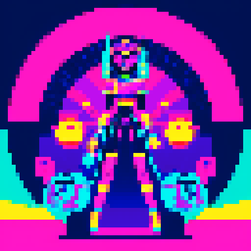 Alien character with a futurisic headdress, glowing eyes, and hieroglyphic tattoos, holding a raygun, standing in a vibrant galaxy filled with colorful planets and stars, surrounded by futuristic UFOs and ancient Egyptian and Sumerian inspired architecture, invading earth, loveing bitcoin very very much, all depicted in high quality pixel art using the retro sRGB color palette, retrowave style, showcasing intricate details and bold, stylized compositions, perfect for a profile picture