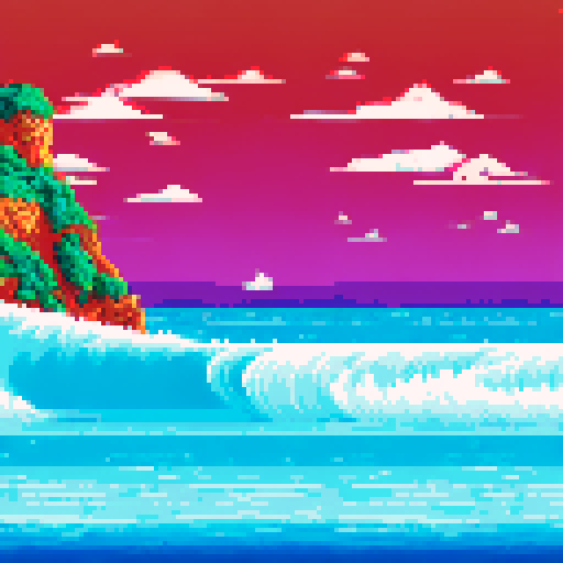 Mediterranean waves crashing in vibrant, contrasting hues with fluid movement and textured brushstrokes in a pixel art style, creating a mesmerizing sRGB palette of a landless seascape