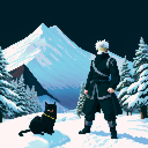 Hatake Kakashi with a black cat with yellow eyes on his shoulders in between towering, snowy mountains