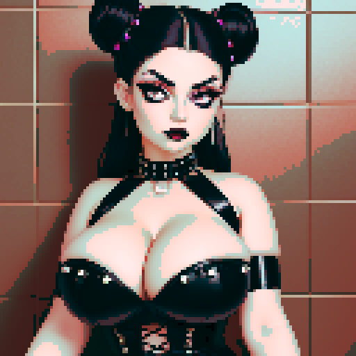 curvy, seductive busty goth babe with studded collar, hair in buns, aroused nude big titty goth in a close-up nude glamour shot, wearing halter top, against a modern tile backsplash, pixel art, sRGB