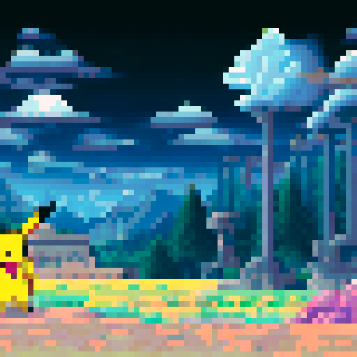 Pixel art landscape with a vibrant sRGB color palette depicting a Pokemon gym in the style of Pewter City