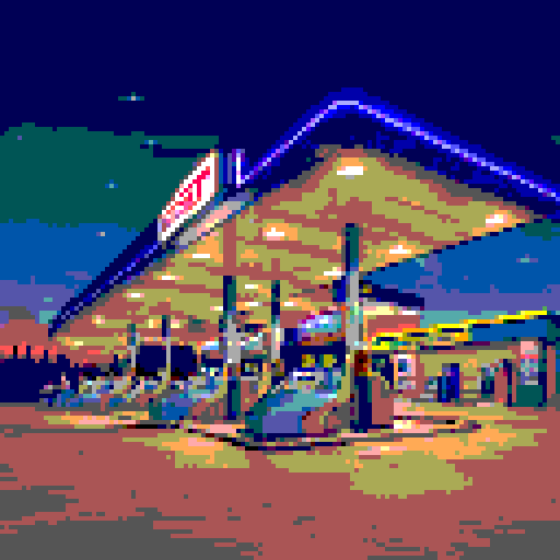 Gas station at night, illuminated by fluorescent lights, surrounded by a vast, starry sky, with a retro-inspired aesthetic, showcasing a pixelated landscape and a vintage gas pump