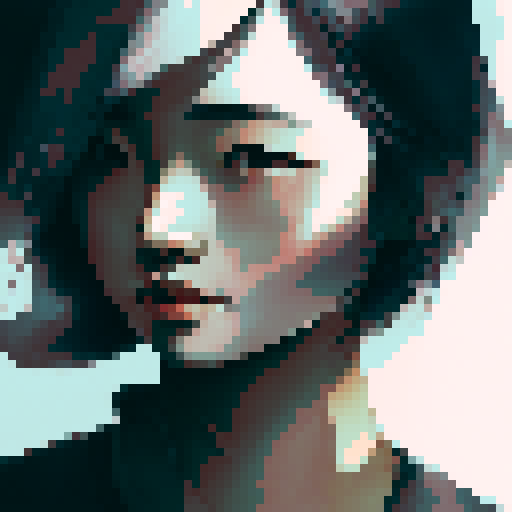 Korean woman's almond-shaped eyes and sharp cheekbones framed by bold white outlines, dramatic shadows highlighting her flawless skin, in a close-up landscape portrait against a stark black background in a 1-bit color scheme