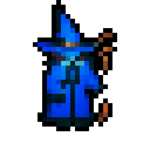 wizard with blue robes, blue wizard hat, brown staff, golden necklace with sun pendant, flat white background for the background of the image that is not the character