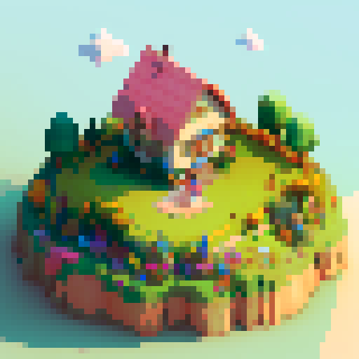 isometric 3D girl, vibrant flowers, flowing hair, quaint cottage, blue sky, puffy clouds, rolling hills, lush grass, dainty dress, smiling face, delicate features, gentle breeze, colorful butterfly