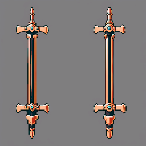 I want a tall vertical copper structure reminiscent of an sword that can channel energy. It should have strange mechanical details that could interlock with each other. I also want this object usable as an asset in a videogame, meaning only one object per image, outlined with a strong black stroke, on a solid-color background.
