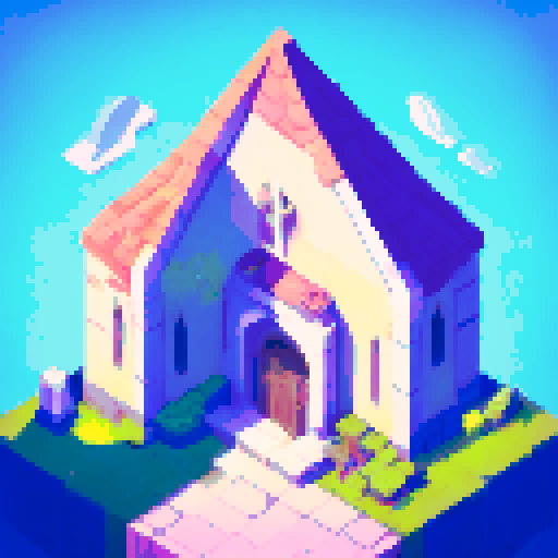 A city with a square in the middle, then a school, a Church, a cinema, a restaurant, and some shops and further a train station. isometric perspective.