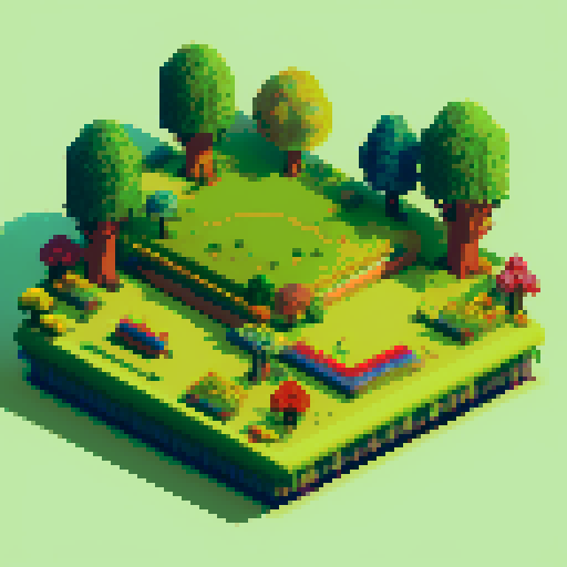 vibrant, lush, green grassy platform, colorful flowers, towering trees, charming pixel art style