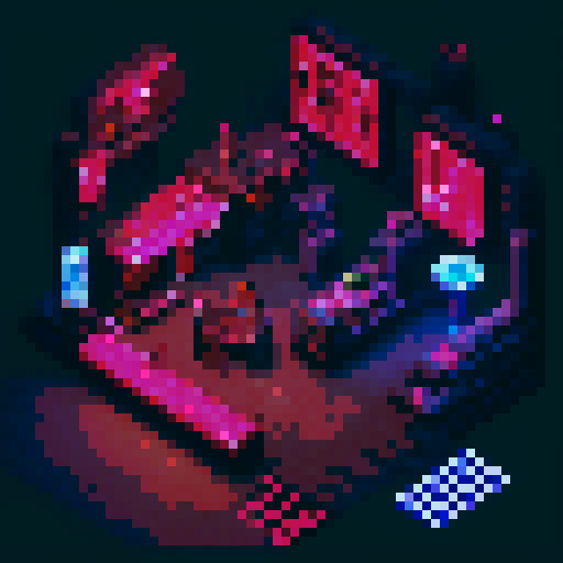 Create a pixel art illustration of a cyberpunk bar with a detailed bar counter. The scene should have a side-scroll perspective, capturing the bustling atmosphere typical of 2D games. Make sure to include neon lights, futuristic decor, and characters interacting within the bar. The image should have a trendy and stylish aesthetic, reflecting the vibrant and edgy nature of the cyberpunk genre.