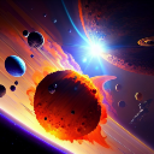 Space station orbiting a fiery sun, surrounded by a swirling asteroid belt and towering planets with vibrant colors in a fantastical RPG art style.