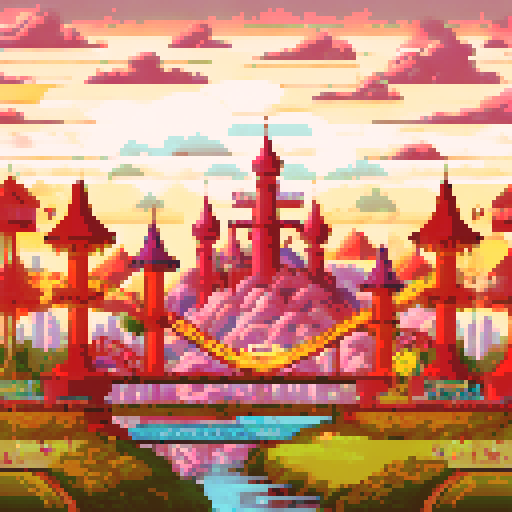 Amusement park, vibrant roller coasters, whimsical carousels, towering ferris wheels, sRGB colors, pixel art, detailed background, picturesque landscape