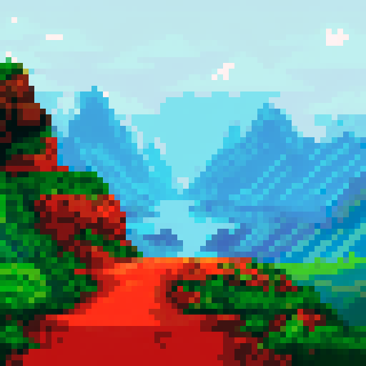 A rugged special mission operator navigating a treacherous mountain path in pixel art style, with a sRGB color palette, against a breathtaking landscape backdrop