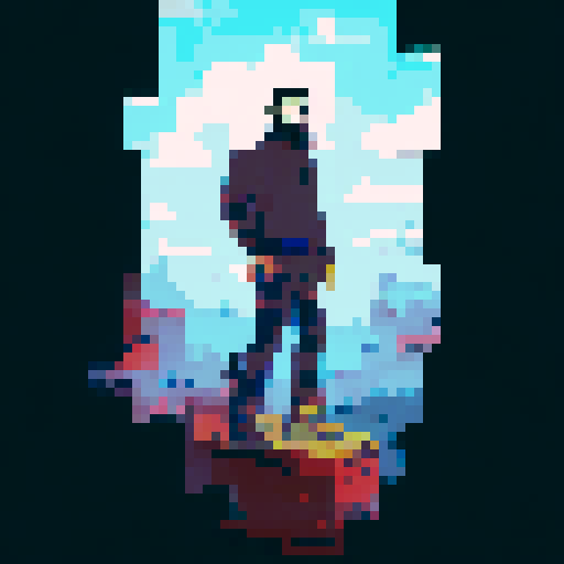 Hispanic man, heroic pose, confident expression, full body, pixel art, sRGB, solid color background