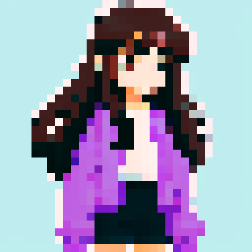 girl in oversized purple sweater, black shorts, long brown hair, brown eyes, pixelated style, vibrant sRGB colors
