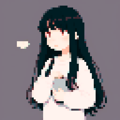 normal dark-haired girl, long dark hair, soft expressive eyes, soft shading, intricate details, whimsical charm, seamless pixelation, sad melancholy, cozy