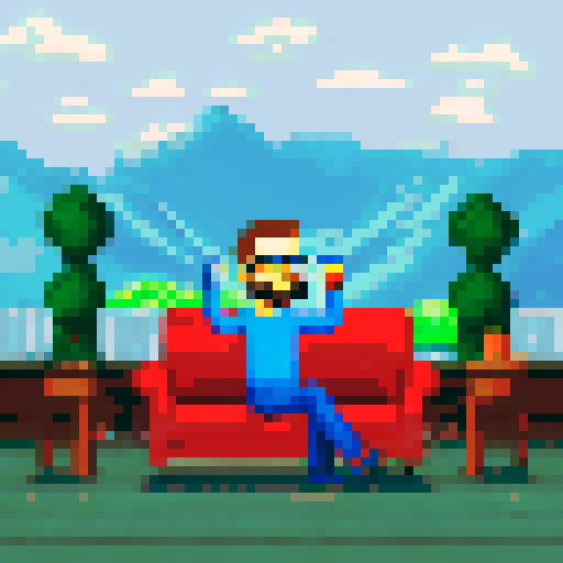 Short haired guy with glasses sipping cider on a retro couch with a pixel art background of a vast, mountainous landscape in sRGB colors