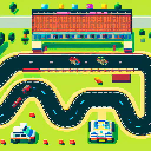 colorful, vibrant, race track, pixelated, sRGB, top-down view