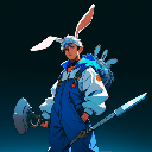 A character, who is a rabbit man, in blue coveralls carrying a giant wrench
