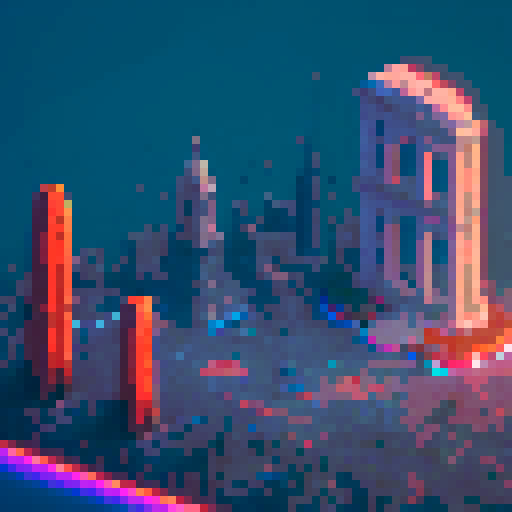 Futuristic colosseum, towering skyscrapers, neon lights, vibrant colors, people wearing futuristic outfits, pixel art
