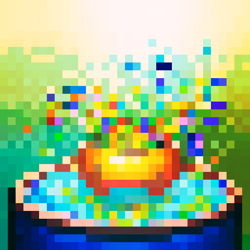 Colorful bubbling cauldron, overflowing with vibrant liquid, surrounded by an assortment of glass jars filled with sparkling ingredients, all depicted in intricate pixel art