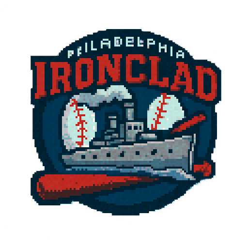 Can you make logo of a fictional baseball team? Pixel perfect pixel art. The level of detail should be similar to that of Sonic of the Hedgehog. Use dithering and anti-aliasing when needed. The name of the team is the Philadelphia Ironclad. Ironclad is the a reference to the old war ship. Use the color scheme of lightish navy blue, red, and light gray.