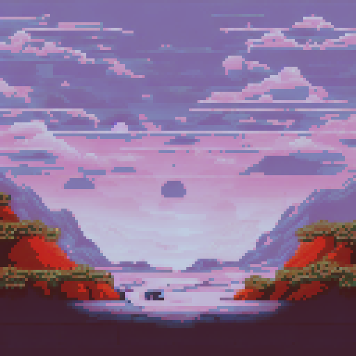 Cozy lecture hall with muted, sRGB pixel art in greys and browns, featuring a serene background landscape