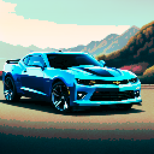 Photorealistic, centered Chevrolet Camaro in a three quarter view, right wheel in front, clean background, pixel art style with sRGB colors
