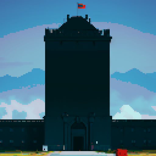 black fortress, military base, black military building backdrop, evil headquarters, skull on building