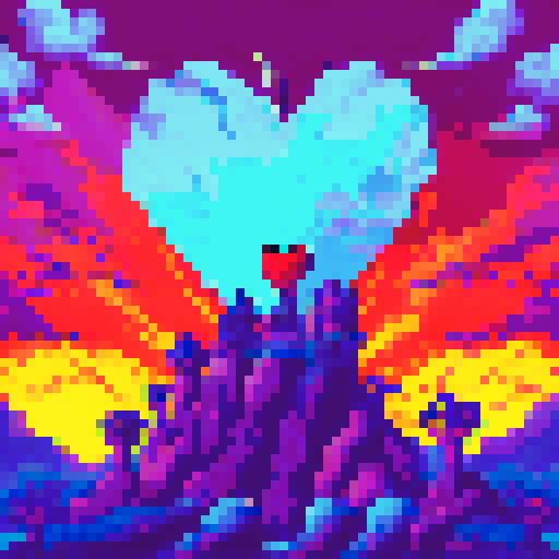 A pixel art depiction of the Three of Swords tarot card. In the center, a large, pixelated heart is pierced by three swords, arranged in a triangular pattern. The heart and swords are detailed with simple, blocky shapes. The background is a stormy sky, with pixelated dark clouds and heavy rain, emphasizing a sense of sorrow and heartbreak. The rain is depicted with vertical lines of varying lengths, and lightning bolts can be seen in the distance, adding dramatic effect. The overall color palett
