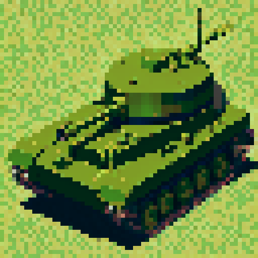 top-down pixel art sprite, World War II army tank, sleek olive green body, rugged tank treads, rotating turret, menacing barrel, pixel art, sRGB, game asset