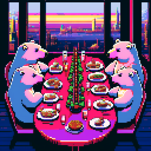 "An 8-bit pixel art of polar bears gathered at a lavish dinner table, wearing gold chains, sunglasses, and hats. The table is piled with gourmet food, crypto coins, and glowing trading screens. The setting is a modern dining room with neon accents and a window overlooking a futuristic, crypto-themed cityscape."
