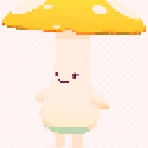 cute pink mushroom, pixel art, sRGB, vibrant colors, tiny white dots, whimsical details, textured surface, glowing spots, soft edges, playful expression