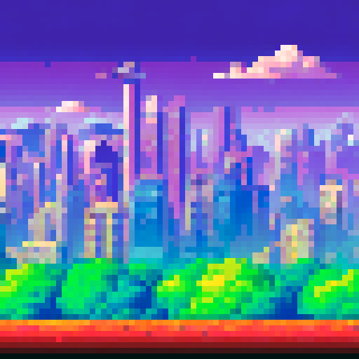 Metal shavings swirl in a rainbow of colors around a CNC machine, with a pixelated backdrop of a towering cityscape in the sRGB color space