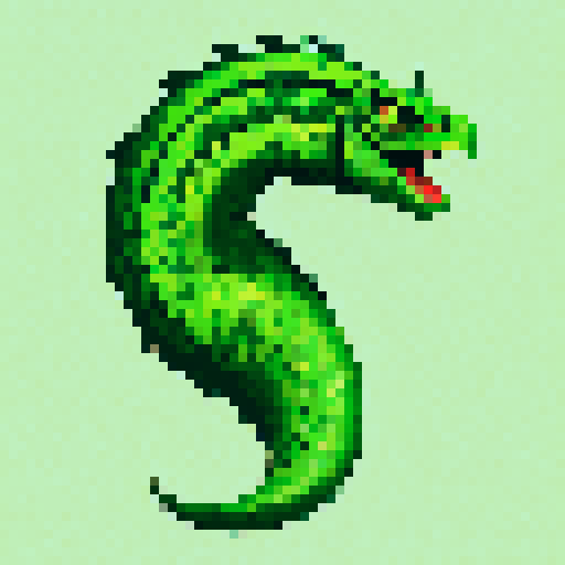 Basilisk with vibrant green scales, sharp serpentine eyes, and pixelated details in the color scheme of coinbase