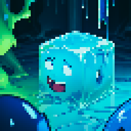 blue slime, blue cube, gelatinous cube, hero knocked away, hero being thrown away from slime, slime expanding, slime suddenly getting bigger