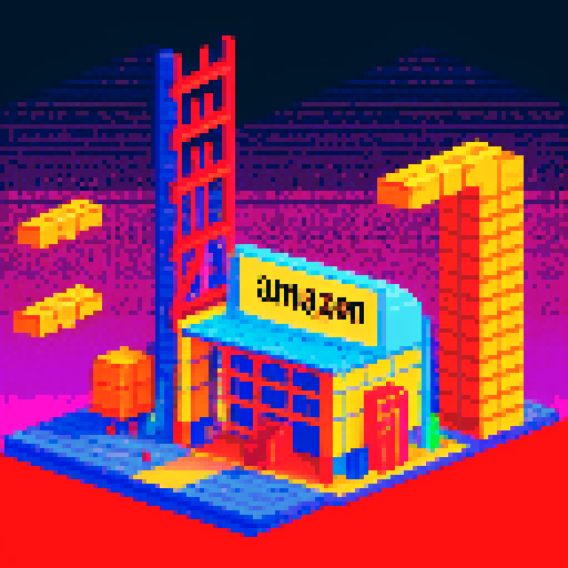 young, warehouse female worker, Amazon Germany, pixel art, vibrant colors, retro aesthetic, busy conveyor belts, stacks of packages, robotic arms, barcode scanners, glowing computer screens, pixelated logo, energetic motion lines, pixelated Amazon logo, German flag colors