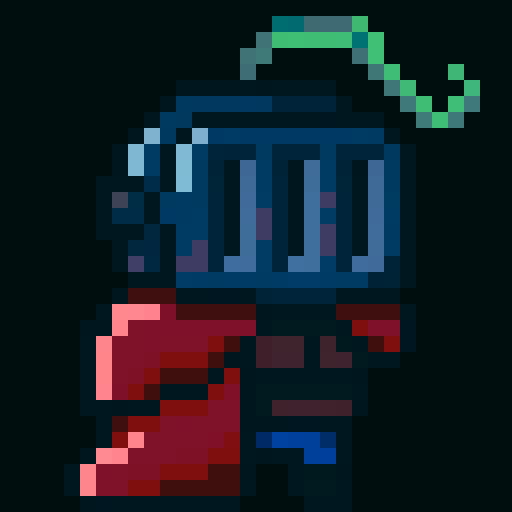 A simplistic chibi knight with a crimson cape and emerald ornamental feather on his helmet