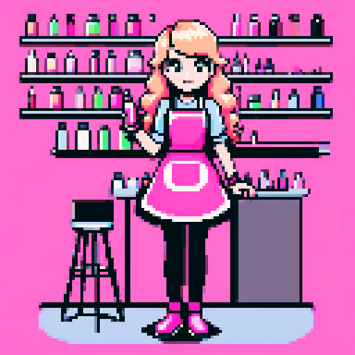 girl with long blonde wavy hair, pink apron, nail polish bottle, nail salon, pixel art, sRGB