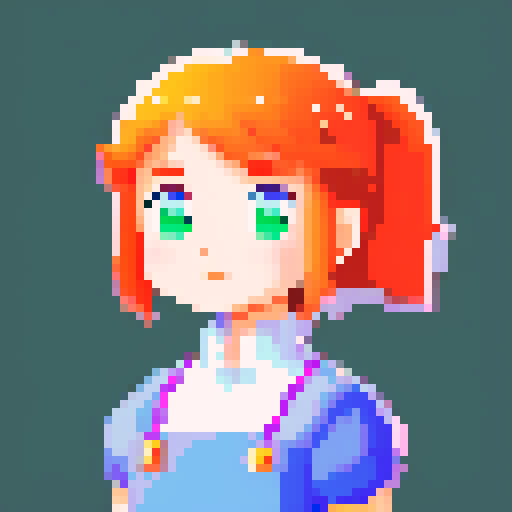 young girl portrait, determined, tavern keeper, resilient, experienced, strong-willed, pixelated, non-vibrant color palette